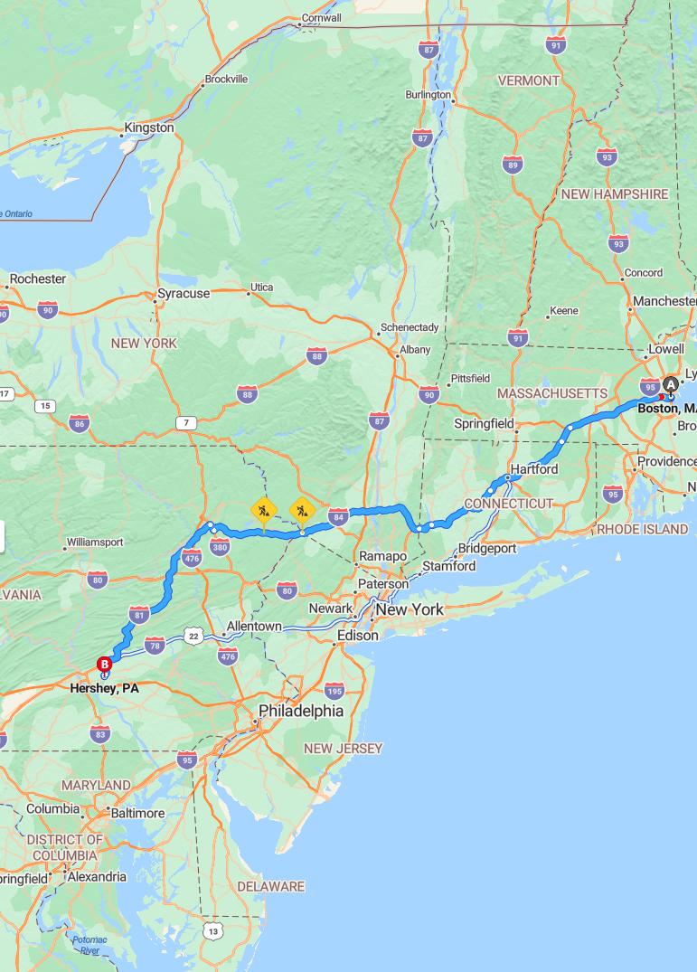 driving from Boston, Massachusetts to HersheyPennsylvania - map and route
