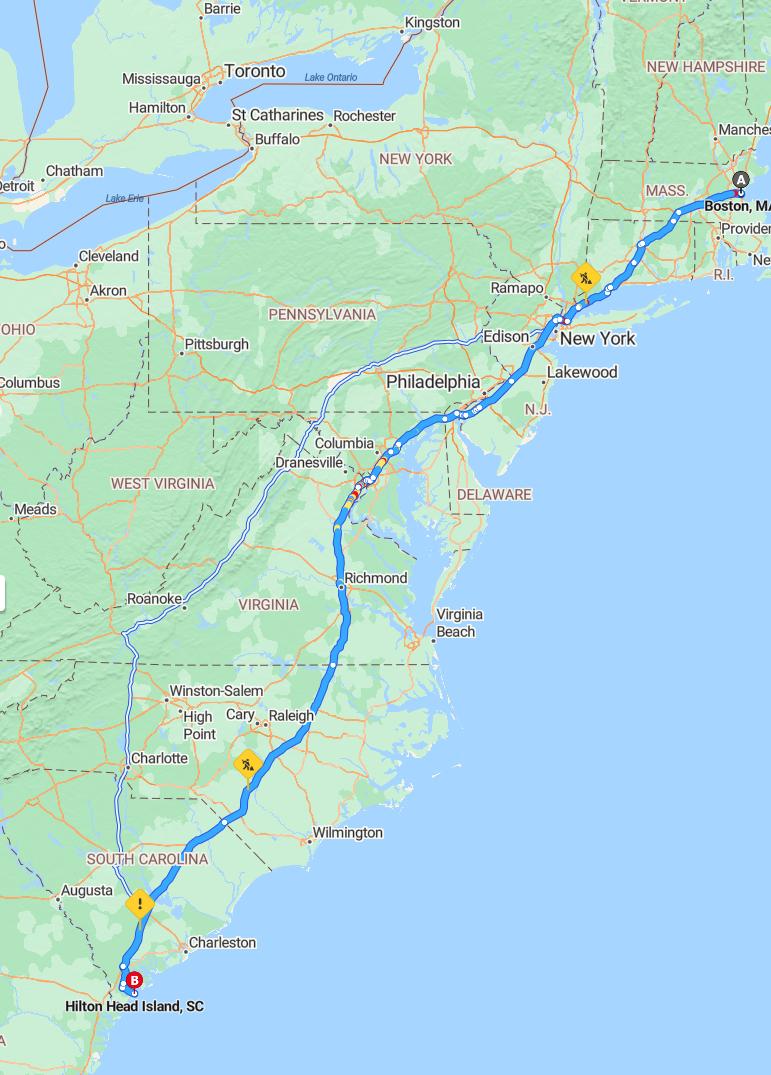 driving from Boston, Massachusetts to Hilton HeadSouth Carolina - map and route