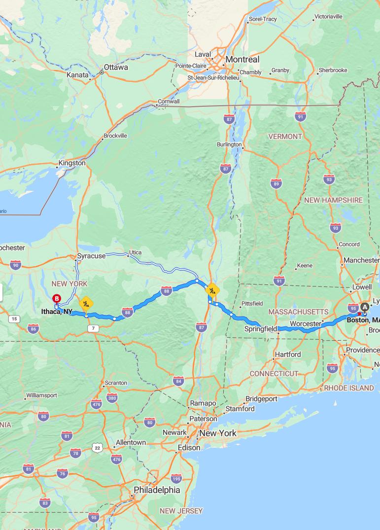 driving from Boston, Massachusetts to IthacaNew York - map and route