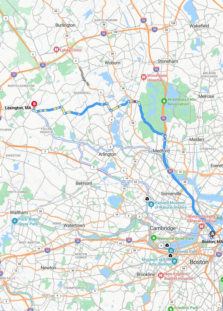 driving from Boston, Massachusetts to LexingtonMassachusetts - map and route