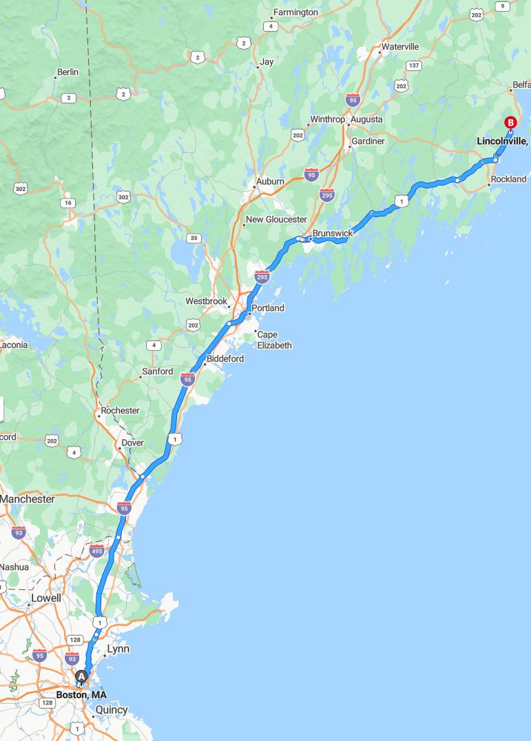 driving from Boston, Massachusetts to LincolnvilleMaine - map and route