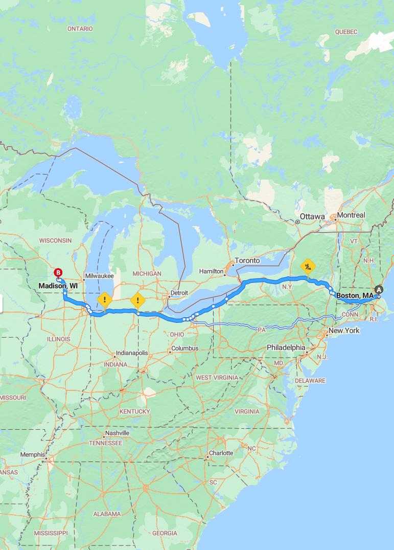 driving from Boston, Massachusetts to MadisonWisconsin - map and route