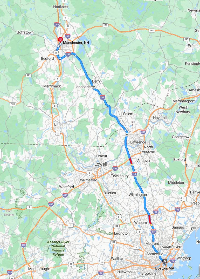 driving from Boston, Massachusetts to ManchesterNew Hampshire - map and route