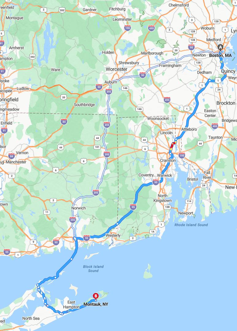 driving from Boston, Massachusetts to MontaukNew York - map and route