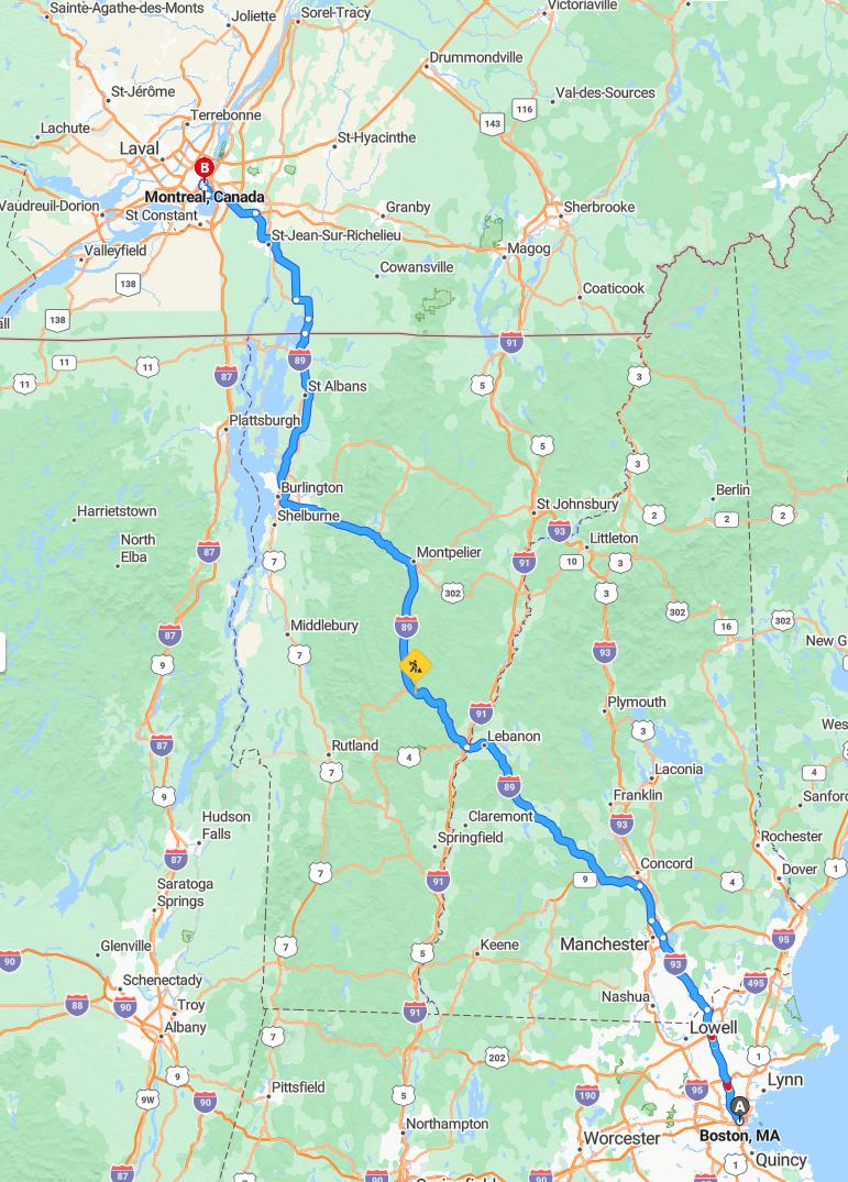 driving from Boston, Massachusetts to MontrealQuebec - map and route