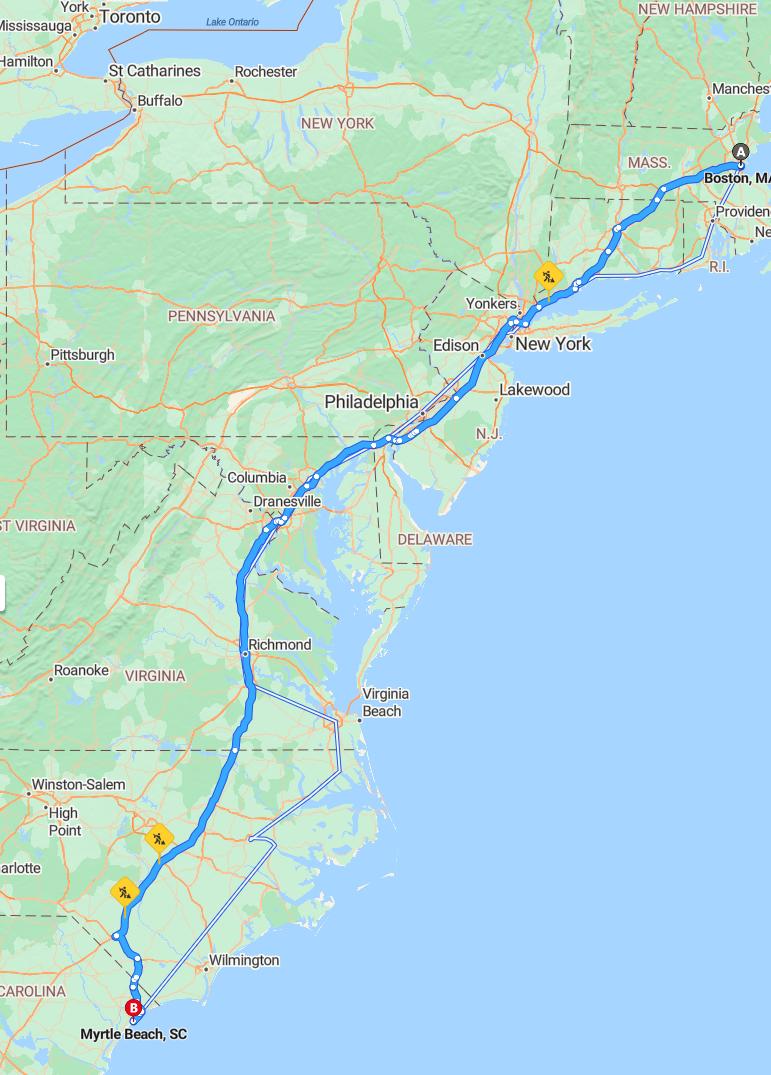 driving from Boston, Massachusetts to Myrtle BeachSouth Carolina - map and route