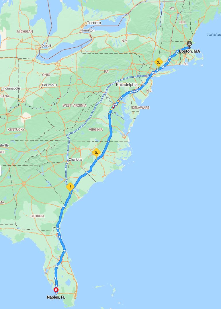 driving from Boston, Massachusetts to NaplesFlorida - map and route
