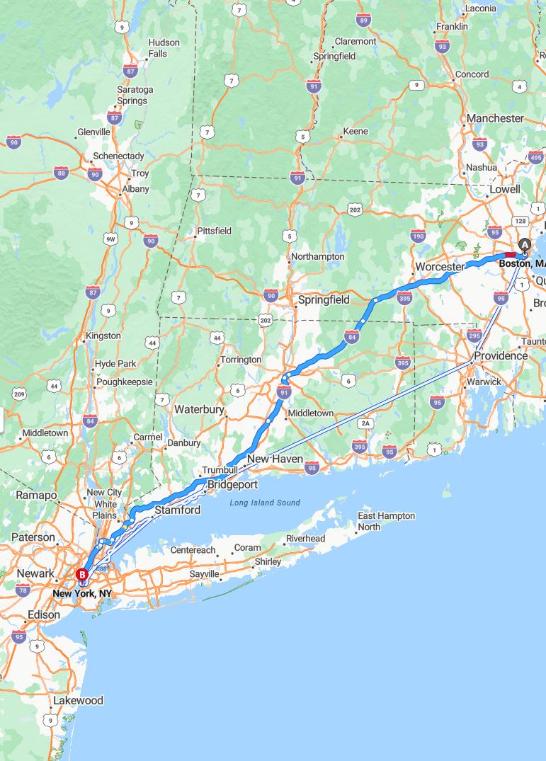 driving from Boston, Massachusetts to New York CityNew York - map and route