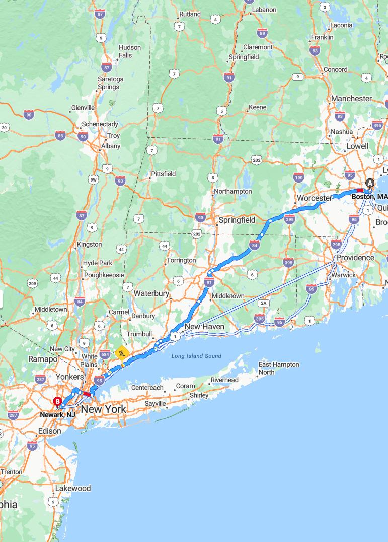 driving from Boston, Massachusetts to NewarkNew Jersey - map and route