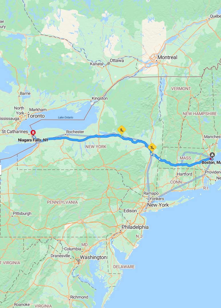 driving from Boston, Massachusetts to Niagara FallsNew York - map and route