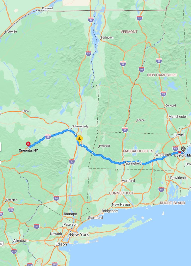 driving from Boston, Massachusetts to OneontaNew York - map and route