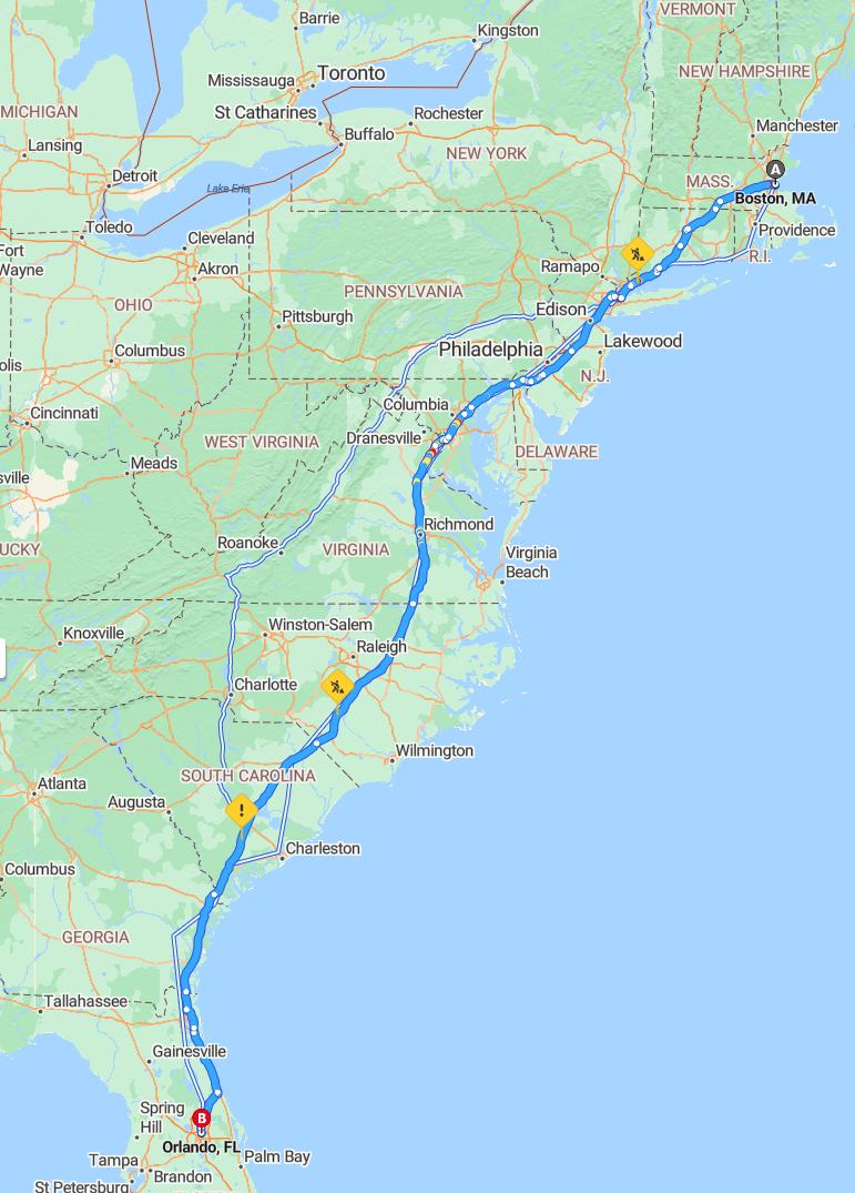 driving from Boston, Massachusetts to OrlandoFlorida - map and route
