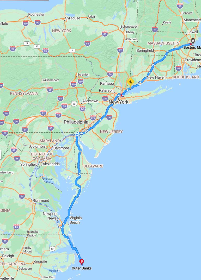 driving from Boston, Massachusetts to Outer BanksNorth Carolina - map and route