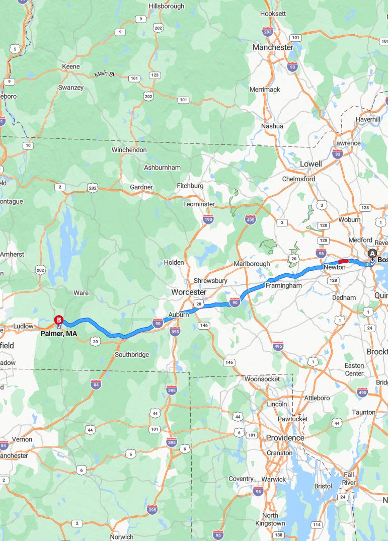 driving from Boston, Massachusetts to PalmerMassachusetts - map and route