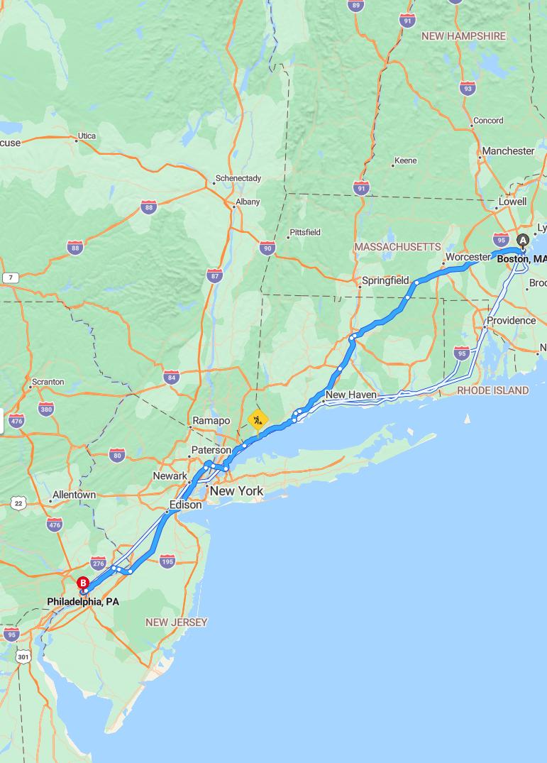 driving from Boston, Massachusetts to PhiladelphiaPennsylvania - map and route