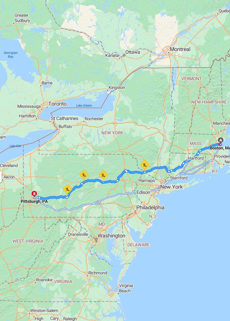 driving from Boston, Massachusetts to PittsburghPennsylvania - map and route