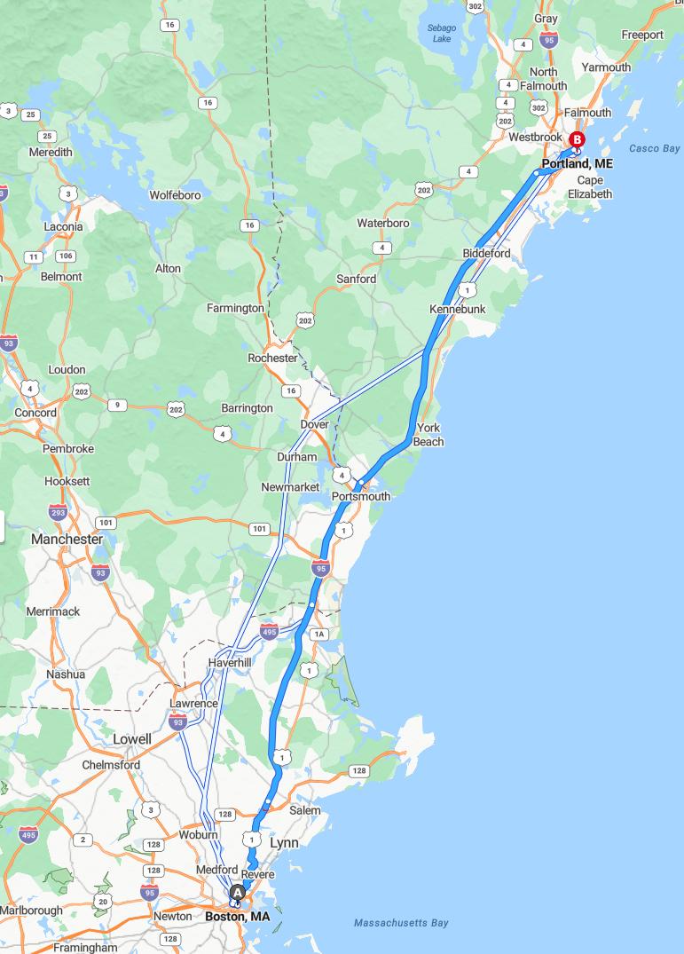 driving from Boston, Massachusetts to PortlandMaine - map and route