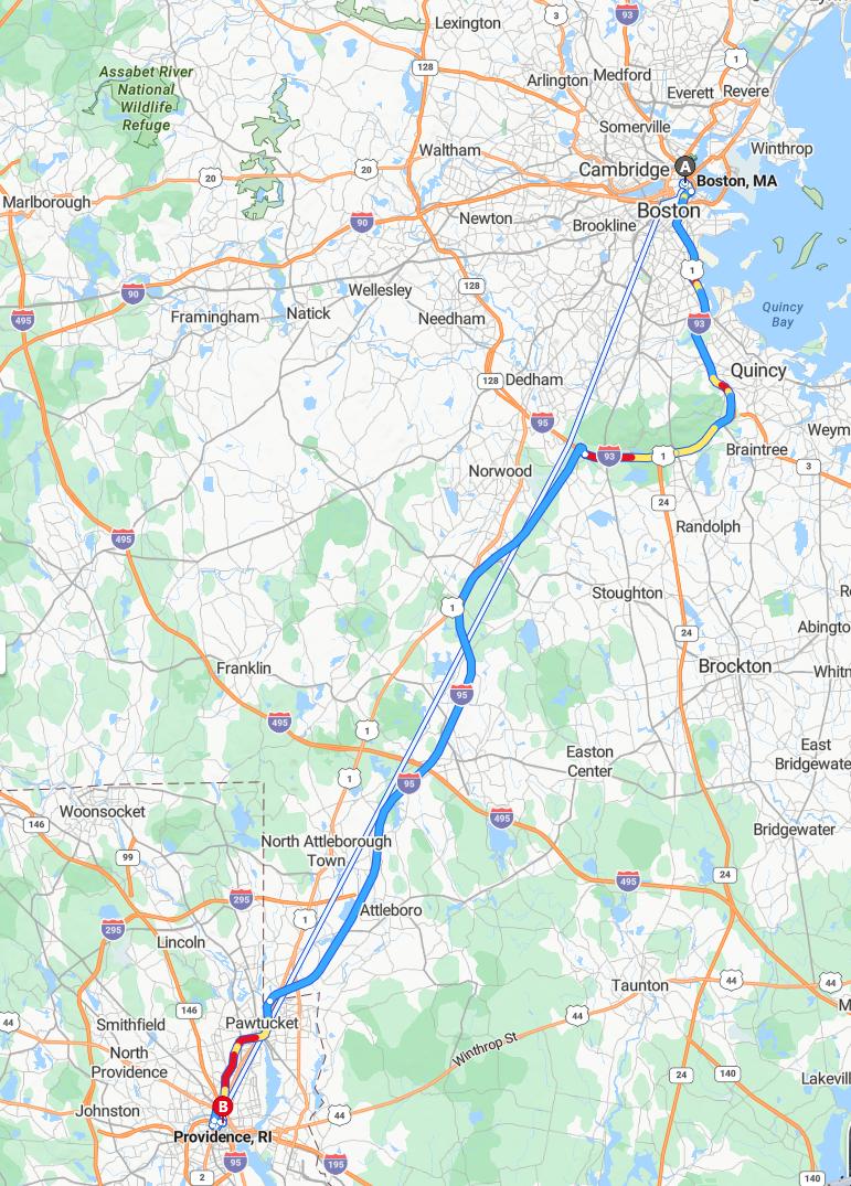 driving from Boston, Massachusetts to ProvidenceRhode Island - map and route