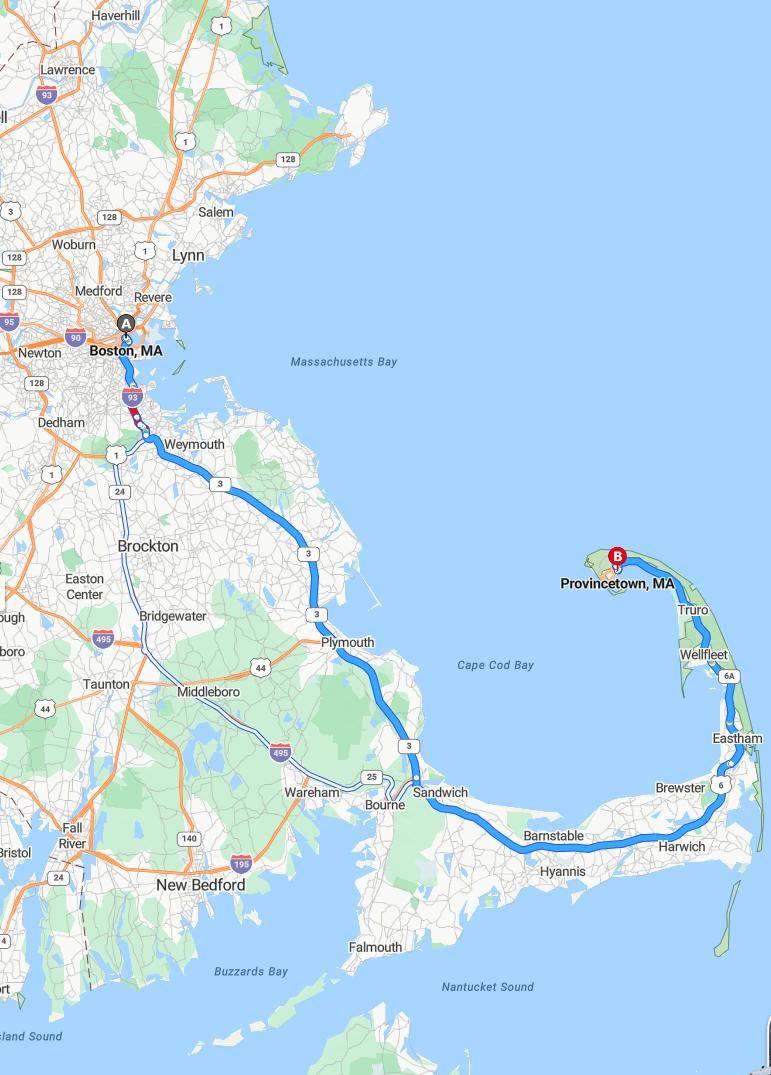 driving from Boston, Massachusetts to ProvincetownMassachusetts - map and route