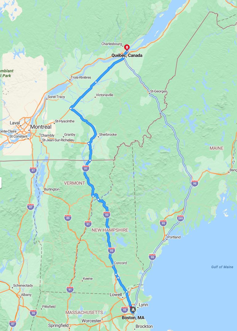 driving from Boston, Massachusetts to Quebec CityQuebec - map and route