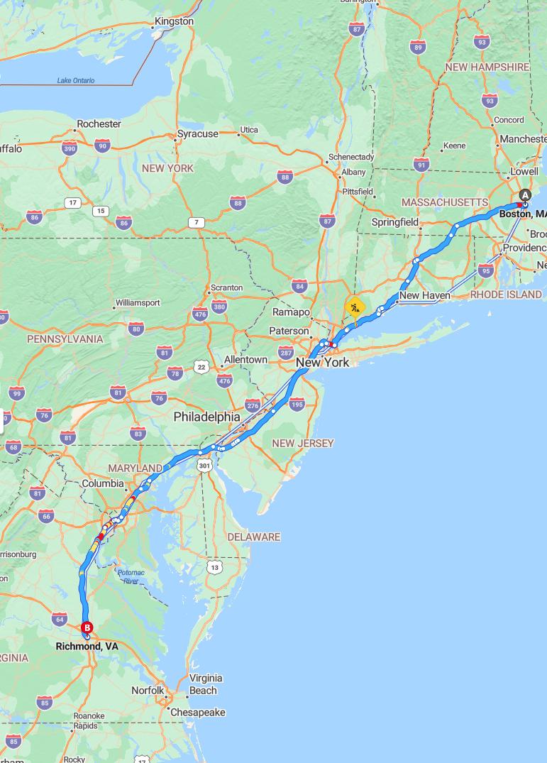 driving from Boston, Massachusetts to RichmondVirginia - map and route