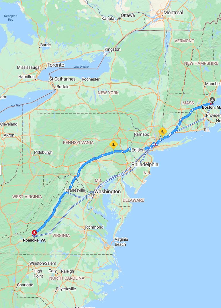 driving from Boston, Massachusetts to RoanokeVirginia - map and route