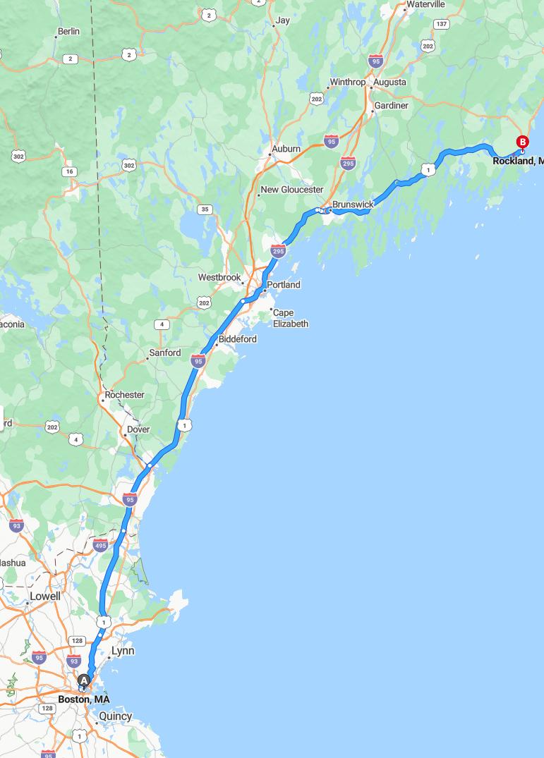 driving from Boston, Massachusetts to RocklandMaine - map and route