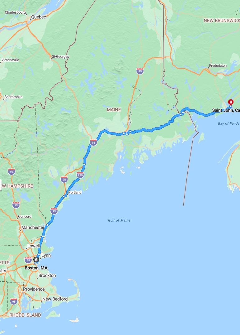 driving from Boston, Massachusetts to Saint JohnNew Brunswick - map and route
