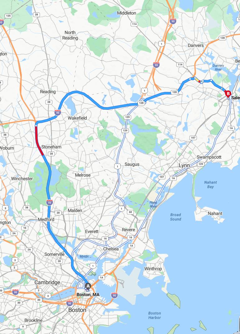 driving from Boston, Massachusetts to SalemMassachusetts - map and route