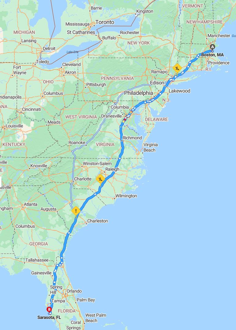 driving from Boston, Massachusetts to SarasotaFlorida - map and route