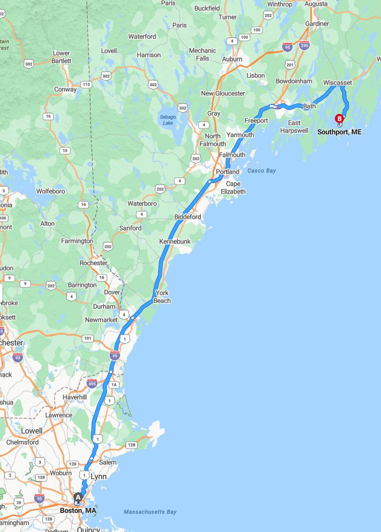 driving from Boston, Massachusetts to SouthportMaine - map and route