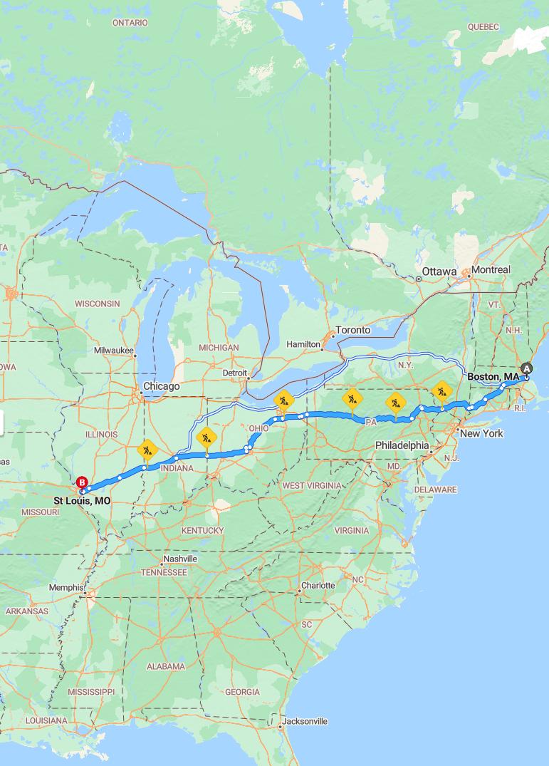 driving from Boston, Massachusetts to St. LouisMissouri - map and route
