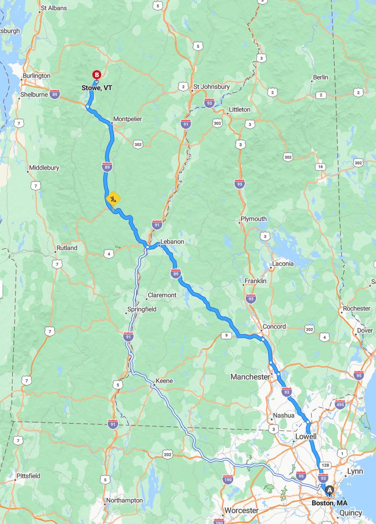 driving from Boston, Massachusetts to StoweVermont - map and route