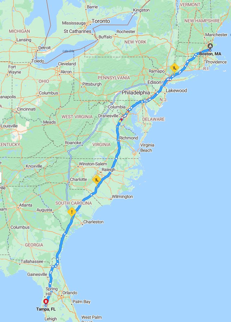 driving from Boston, Massachusetts to TampaFlorida - map and route