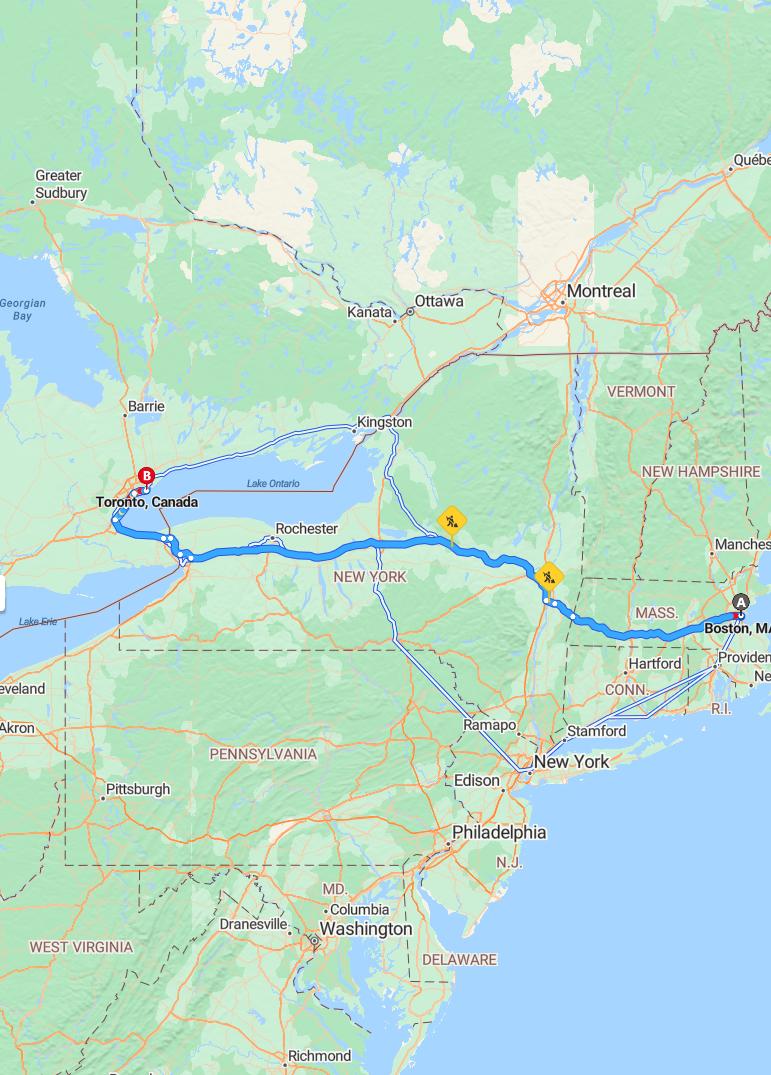driving from Boston, Massachusetts to TorontoOntario - map and route