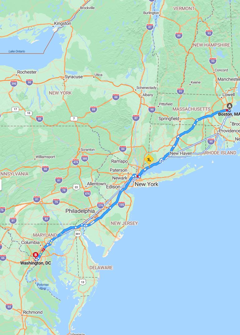 driving from Boston, Massachusetts to WashingtonDistrict of Columbia - map and route