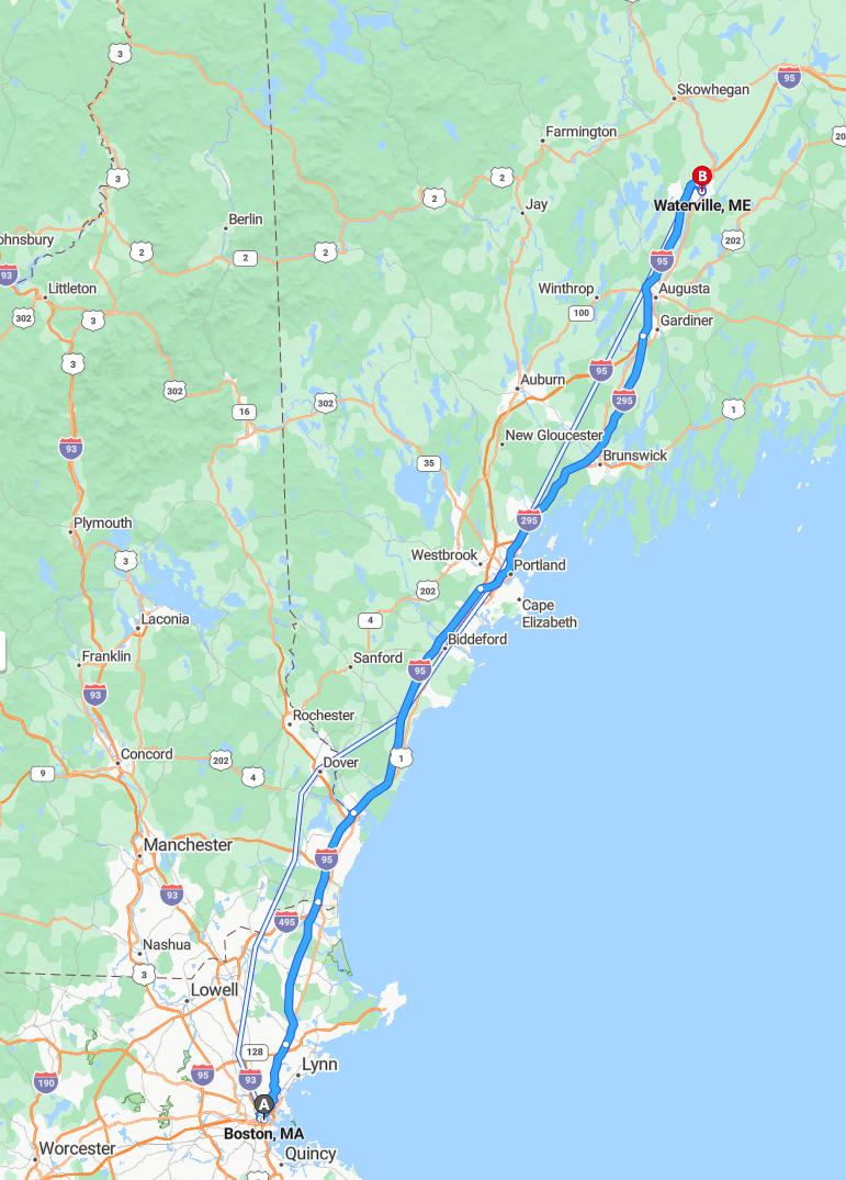 driving from Boston, Massachusetts to WatervilleMaine - map and route