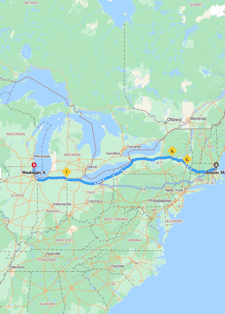 driving from Boston, Massachusetts to WaukeganIllinois - map and route