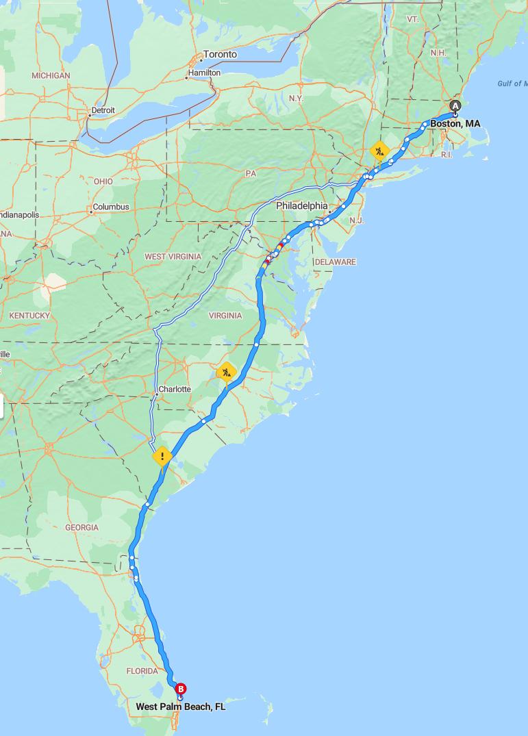 driving from Boston, Massachusetts to West Palm BeachFlorida - map and route