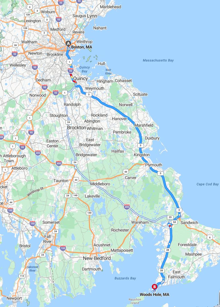 driving from Boston, Massachusetts to Woods HoleMassachusetts - map and route