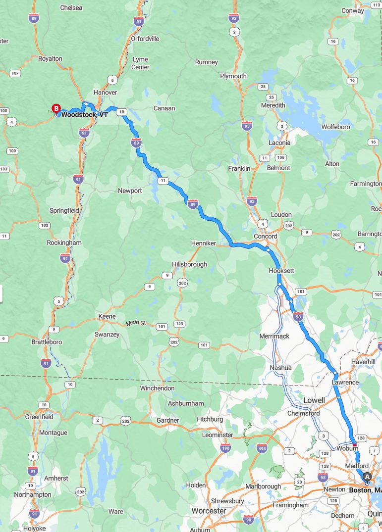 driving from Boston, Massachusetts to WoodstockVermont - map and route