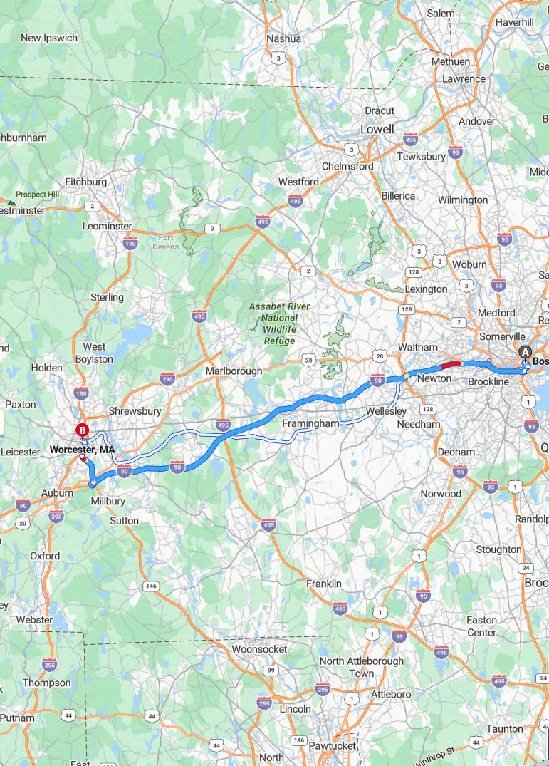 driving from Boston, Massachusetts to WorcesterMassachusetts - map and route
