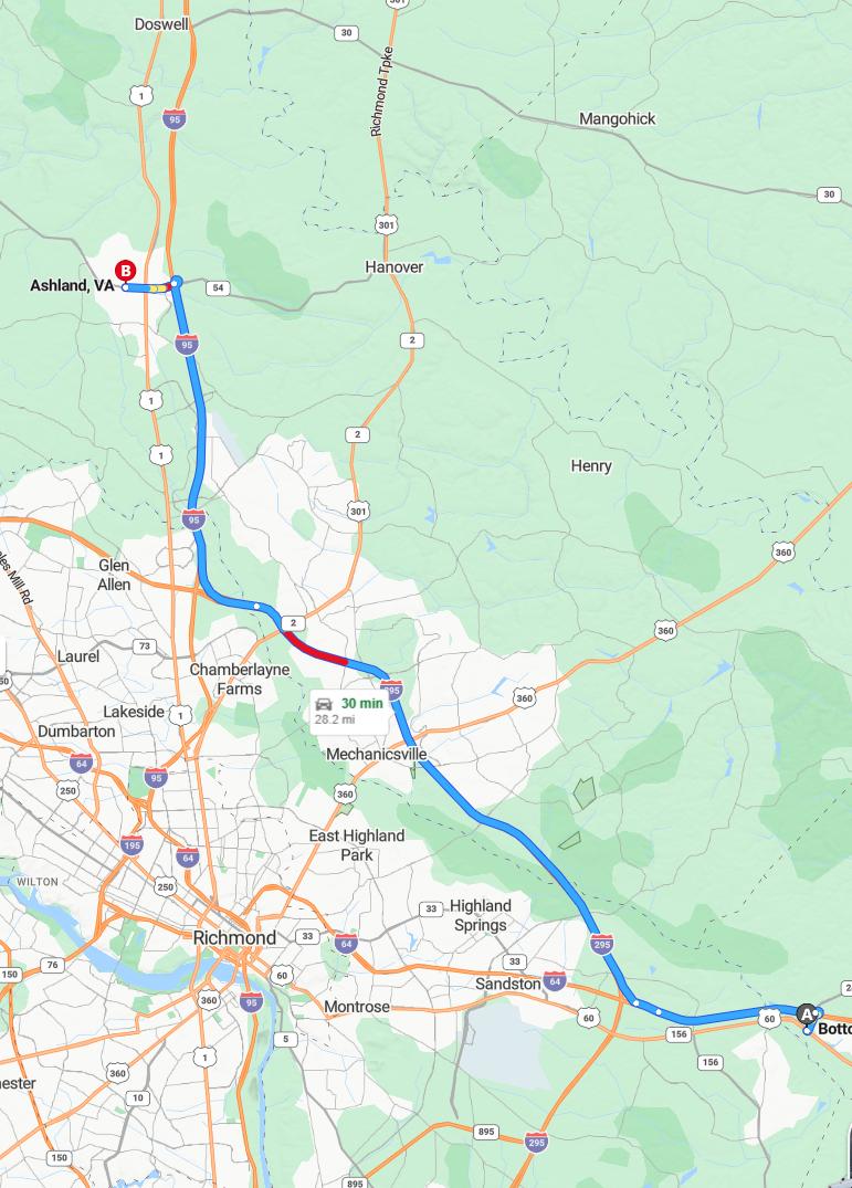 driving from Bottoms Bridge, Virginia to AshlandVirginia - map and route