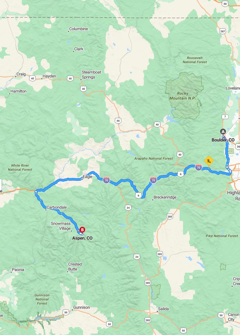driving from Boulder, Colorado to AspenColorado - map and route