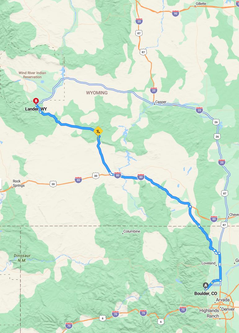 driving from Boulder, Colorado to LanderWyoming - map and route