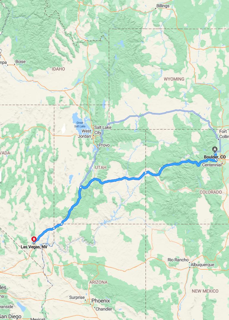 driving from Boulder, Colorado to Las VegasNevada - map and route