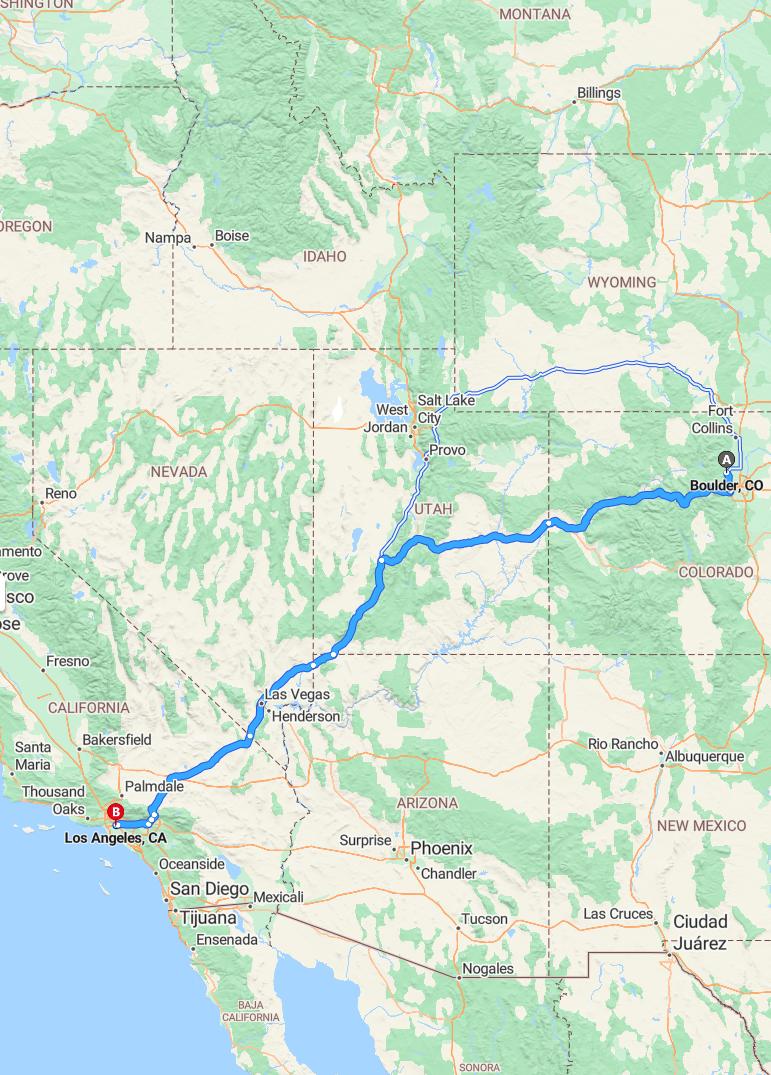 driving from Boulder, Colorado to Los AngelesCalifornia - map and route