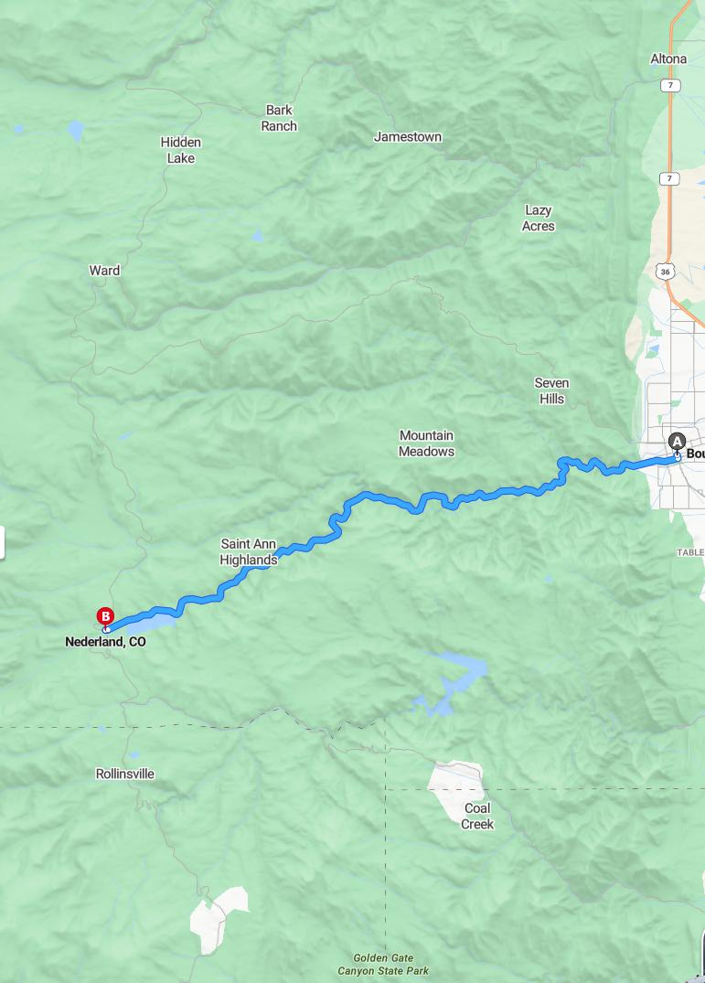 driving from Boulder, Colorado to NederlandColorado - map and route