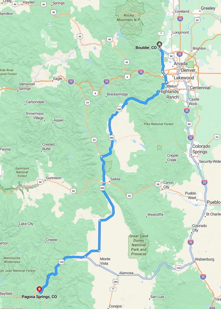 driving from Boulder, Colorado to Pagosa SpringsColorado - map and route