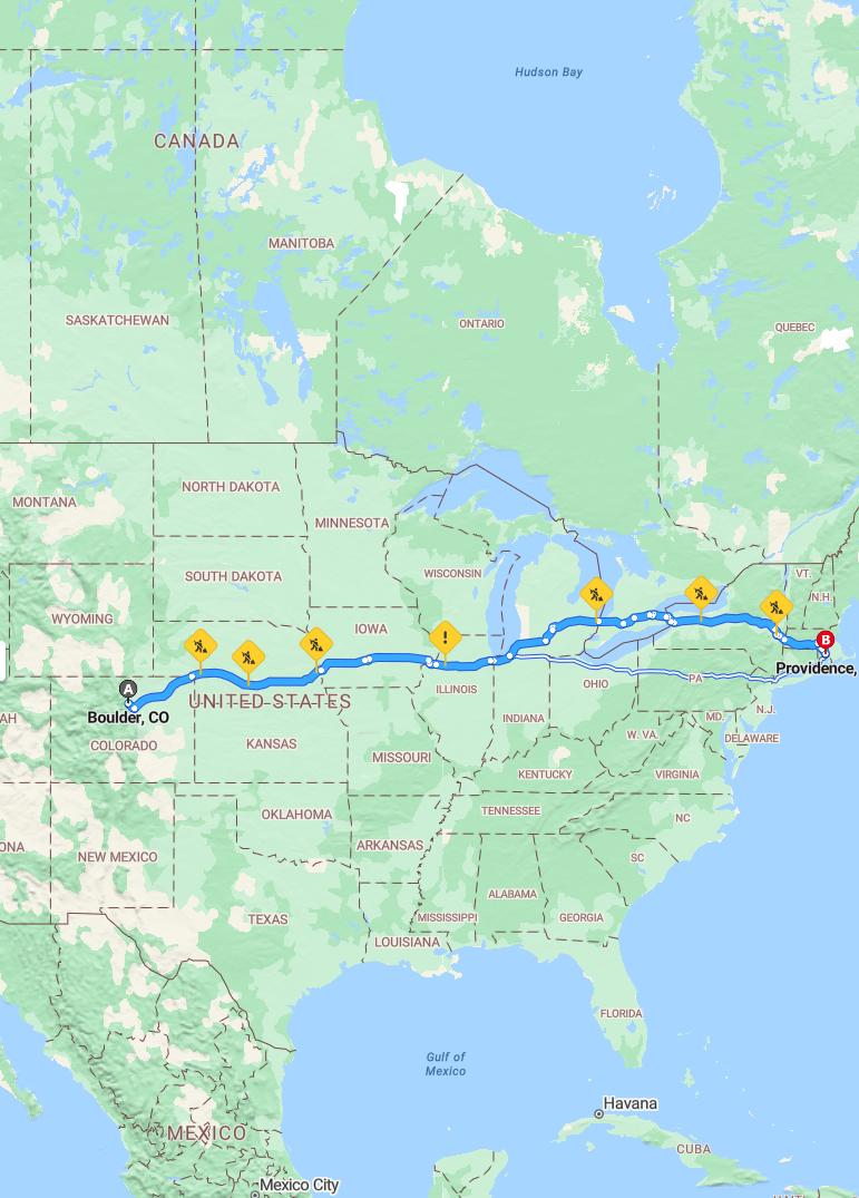 driving from Boulder, Colorado to ProvidenceRhode Island - map and route